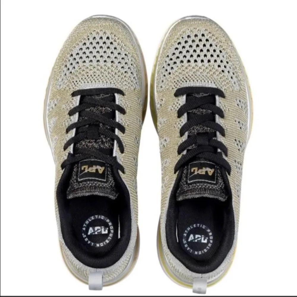 BRAND NEW NEVER WORN APL Knit Sneakers in Light Gold and Black Knit Upper